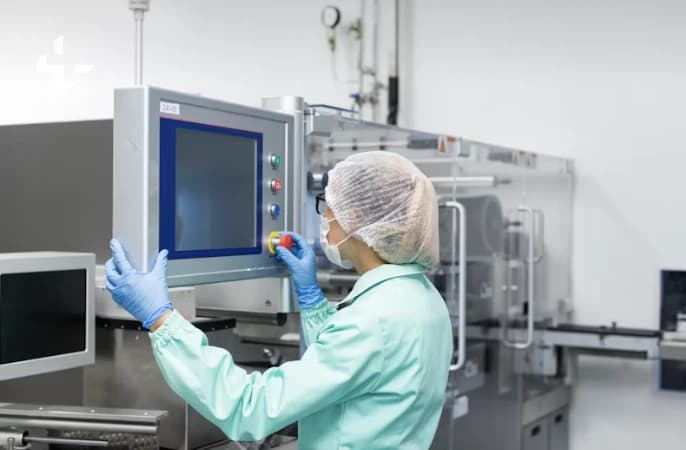 Technician monitoring a production machine in a cleanroom
