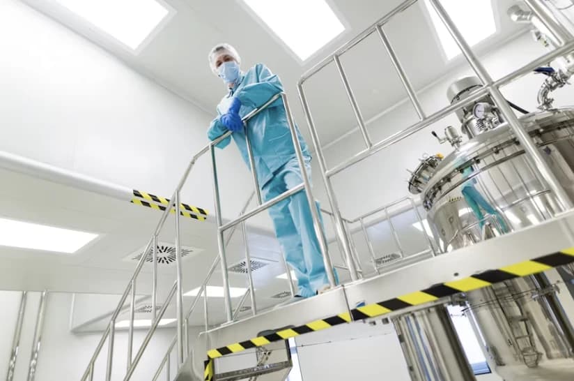 Operator in a sterile gown on a walkway beside stainless-steel process reactors