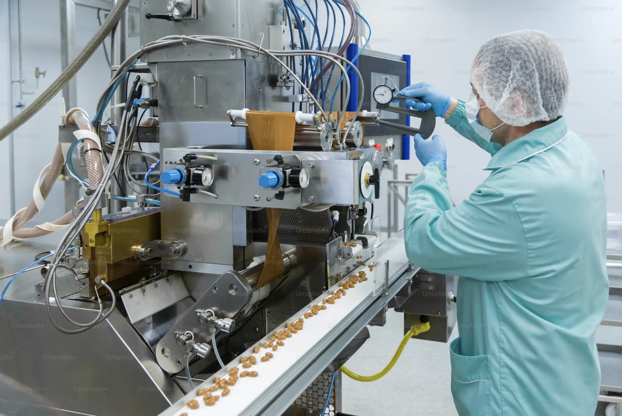 Capsules moving along a stainless-steel conveyor inside a production line