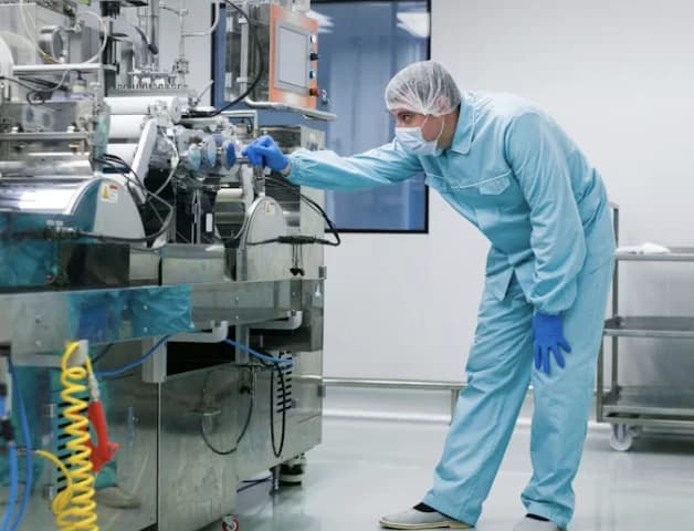 Operator in a sterile gown adjusting a blister packaging machine