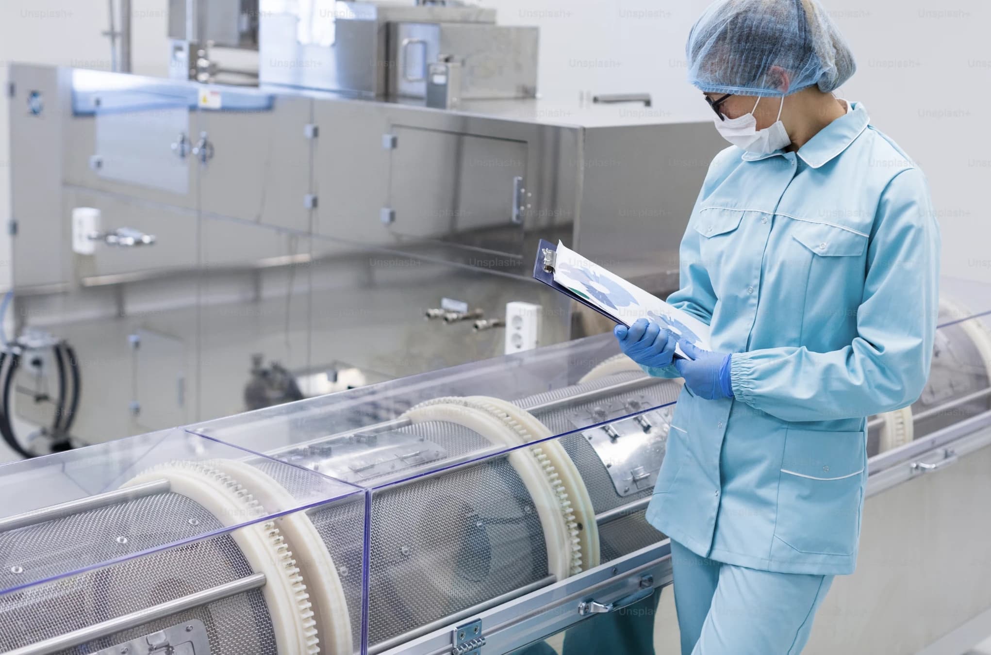 Technician in a cleanroom operating a sealed production line