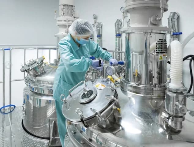 Technician working on a stainless-steel process reactor